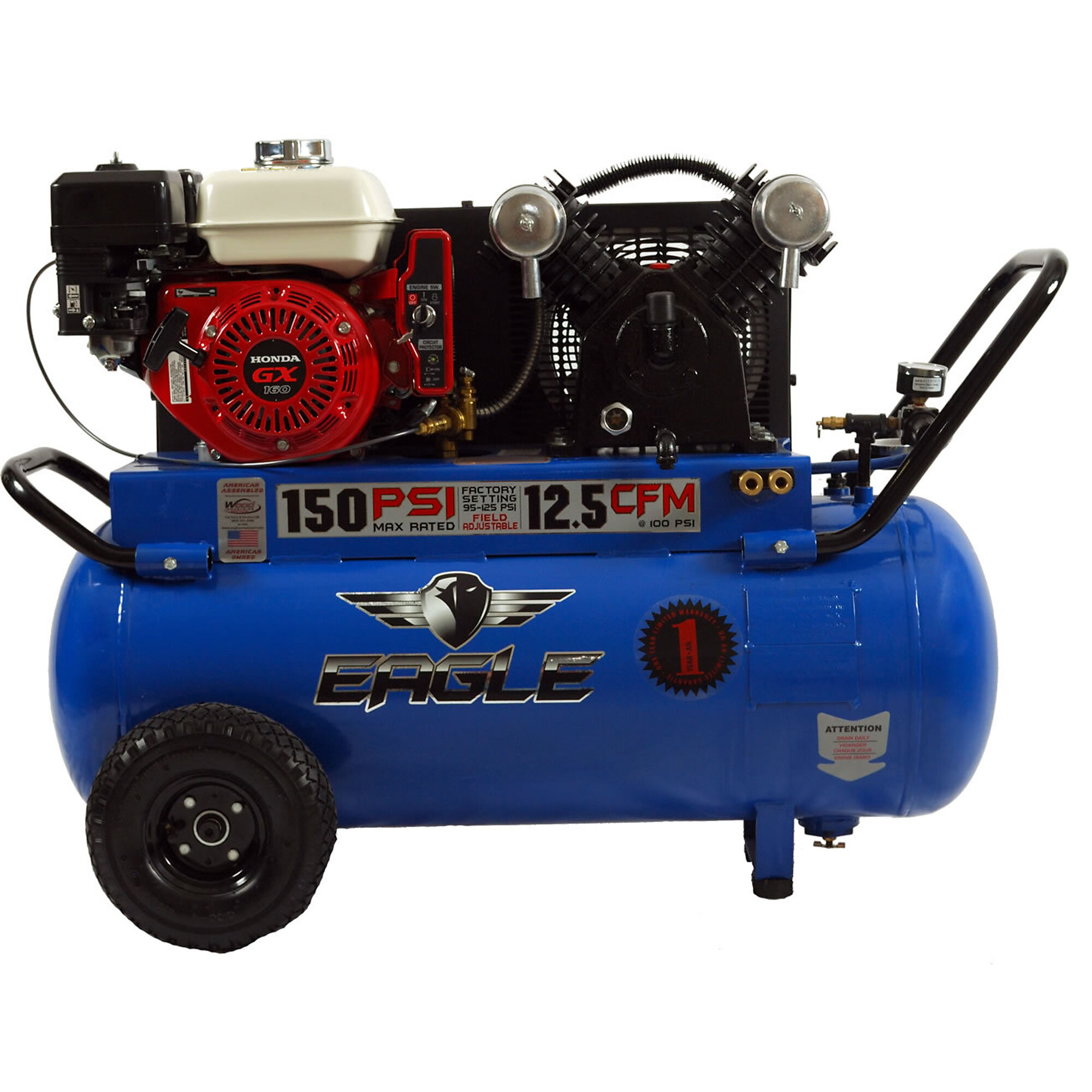 EAGLE, 25 Gallon Elec Start Air Compressor, Horsepower 5.5 HP, Air Tank Size 25 Gal, Model# P55GE25H1